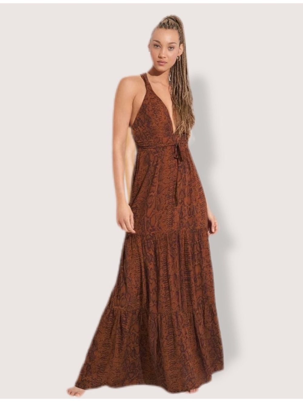 MAAJI SIENNA SKIN GLARING Print Deep V Neck Open Back Maxi Dress Size M